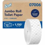 Scott Essential Jumbo Roll Coreless 2-Ply Toilet Paper, 1,150' Per Roll, 65% Recycled, Pack Of 12 Rolls